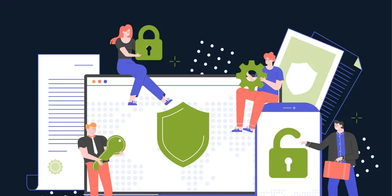 Personas trabajando en equipo para proteger datos. Representa que es la ciberseguridad, con candados, escudos y llaves.