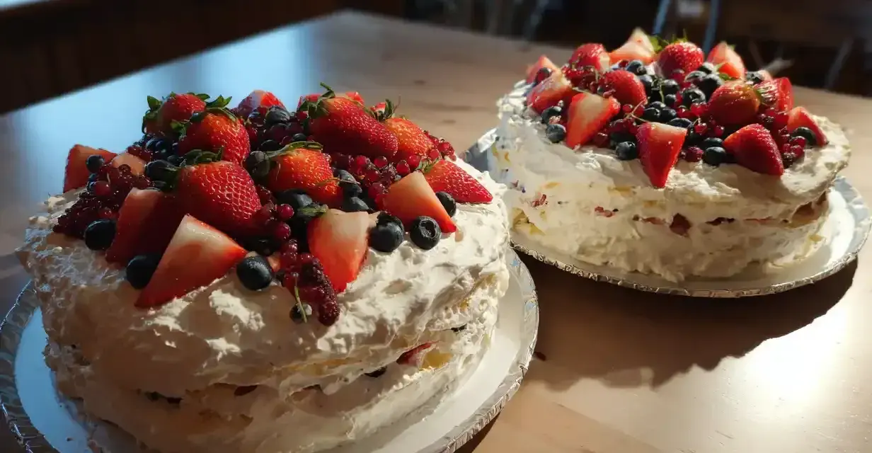 Två vackra gräddtårtor med jordgubbar och bär, perfekta som kakor till babyshower recept.