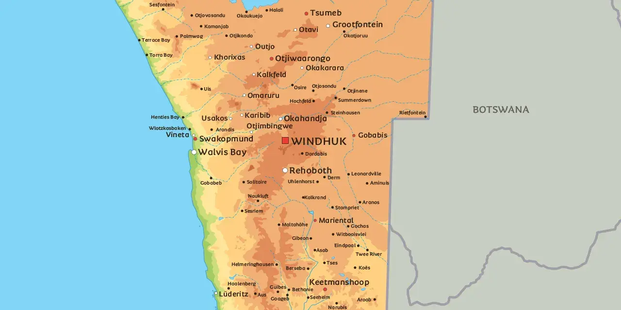 Mapa Namibii z zaznaczonymi miastami. Waluta Namibii to dolar namibijski.