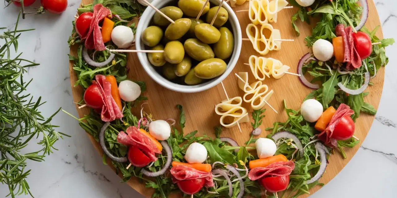 Kolorowa deska z przekąskami: szaszłyki z pomidorkami, mozzarellą, salami i marchewką, oliwki, ser. Idealne finger food przepisy na imprezę.