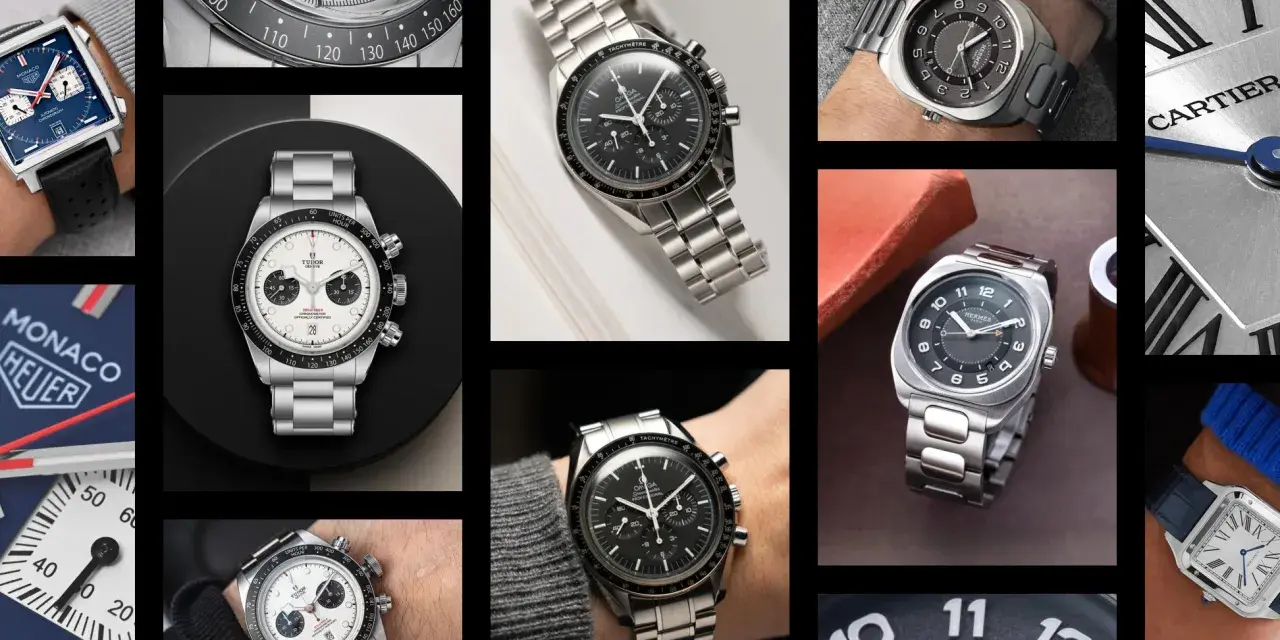 Kolekcja najlepszych zegarków na świecie: Heuer Monaco, Tudor, Omega Speedmaster, Hermès i Cartier.