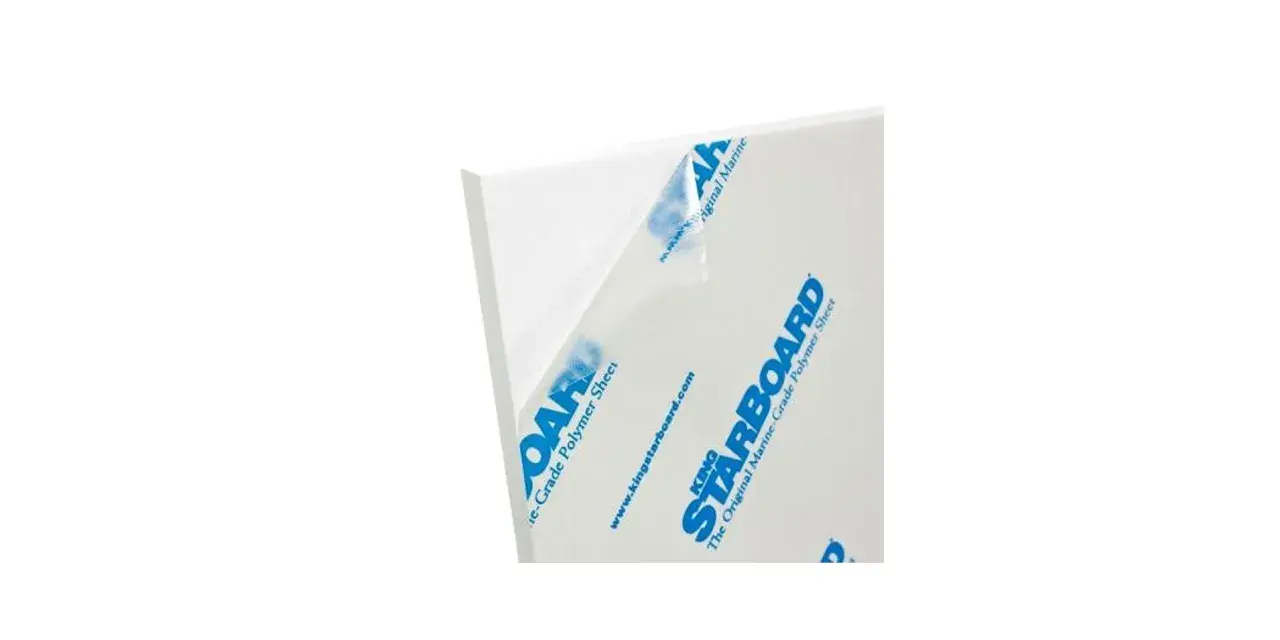 A sheet of white starboard material, a durable marine-grade polymer, with protective film peeling back to reveal branding.