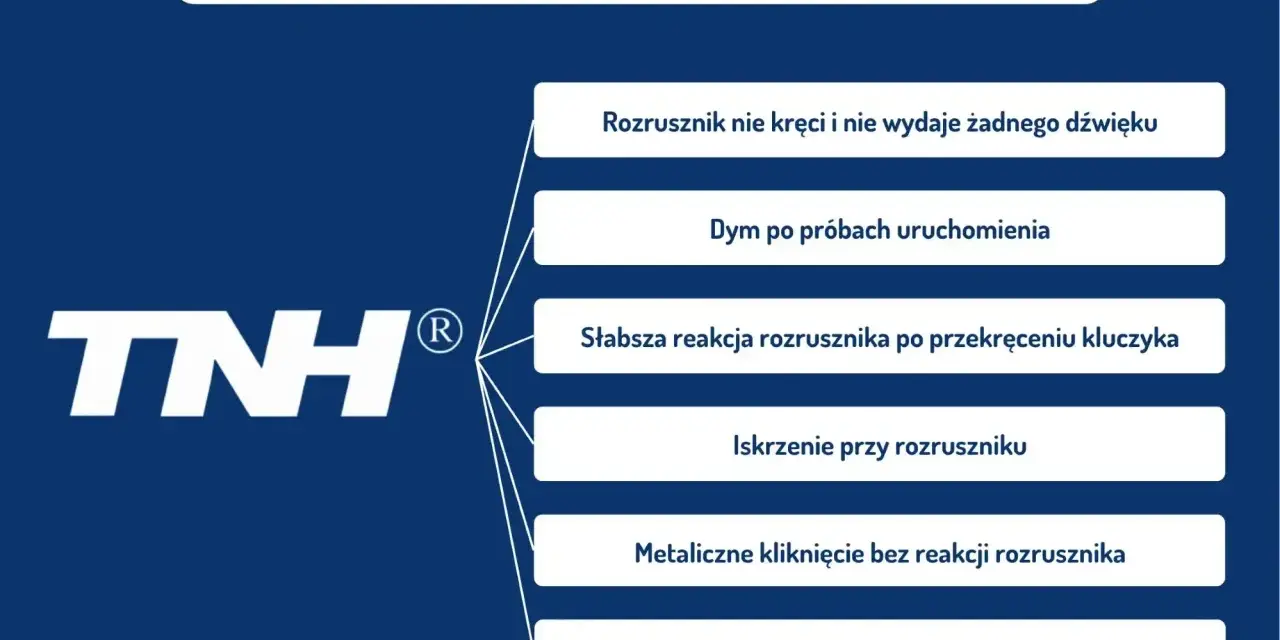 Objawy zużytego rozrusznika samochodowego: brak reakcji, dym, iskry, kliknięcia. TNH.