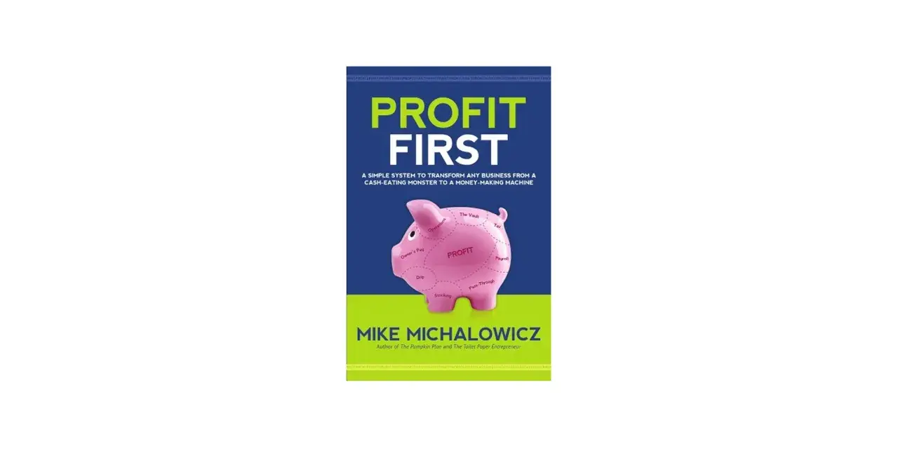 Book cover for "Profit First" by Mike Michalowicz, featuring a pink piggy bank divided into profit-first bookkeeping categories.