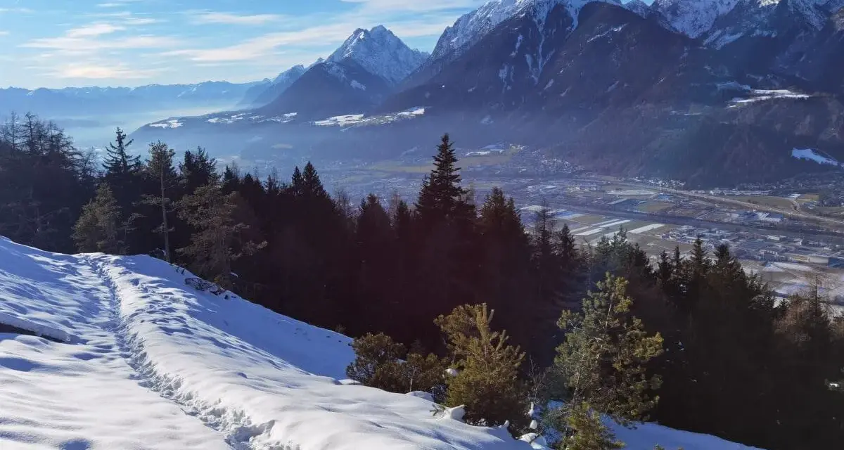 Schneebedeckte Berge über Innsbruck im Winter. Eine Spur führt durch den Schnee bergab, vorbei an dunklen Tannen.