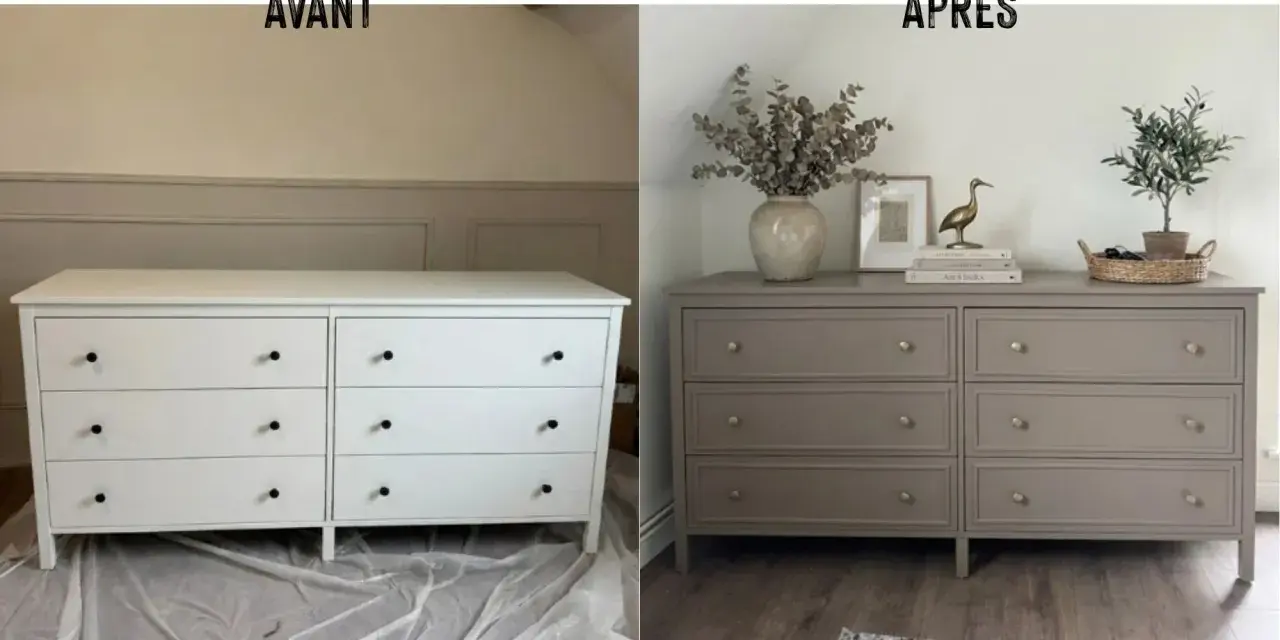 Avant/Après : une commode blanche transformée par une peinture meuble ancien, rehaussée de poignées dorées et décorée avec élégance.