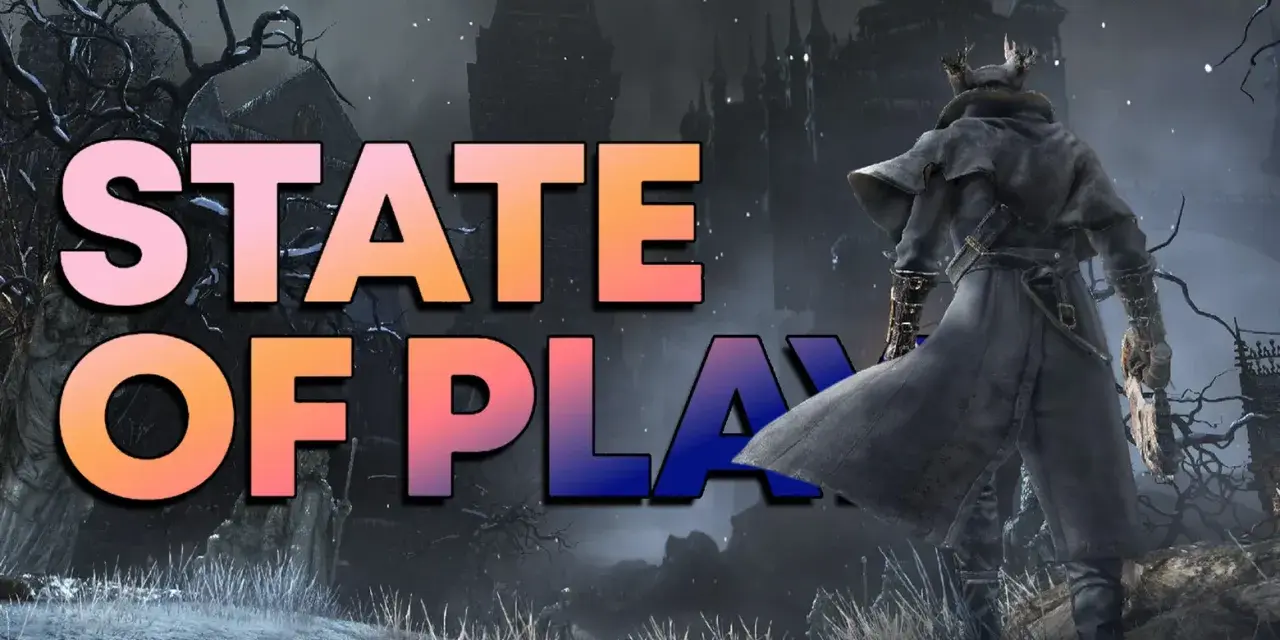 Un cazador con gabardina se alza ante un castillo sombrío, con el texto "STATE OF PLAY" en colores vibrantes.