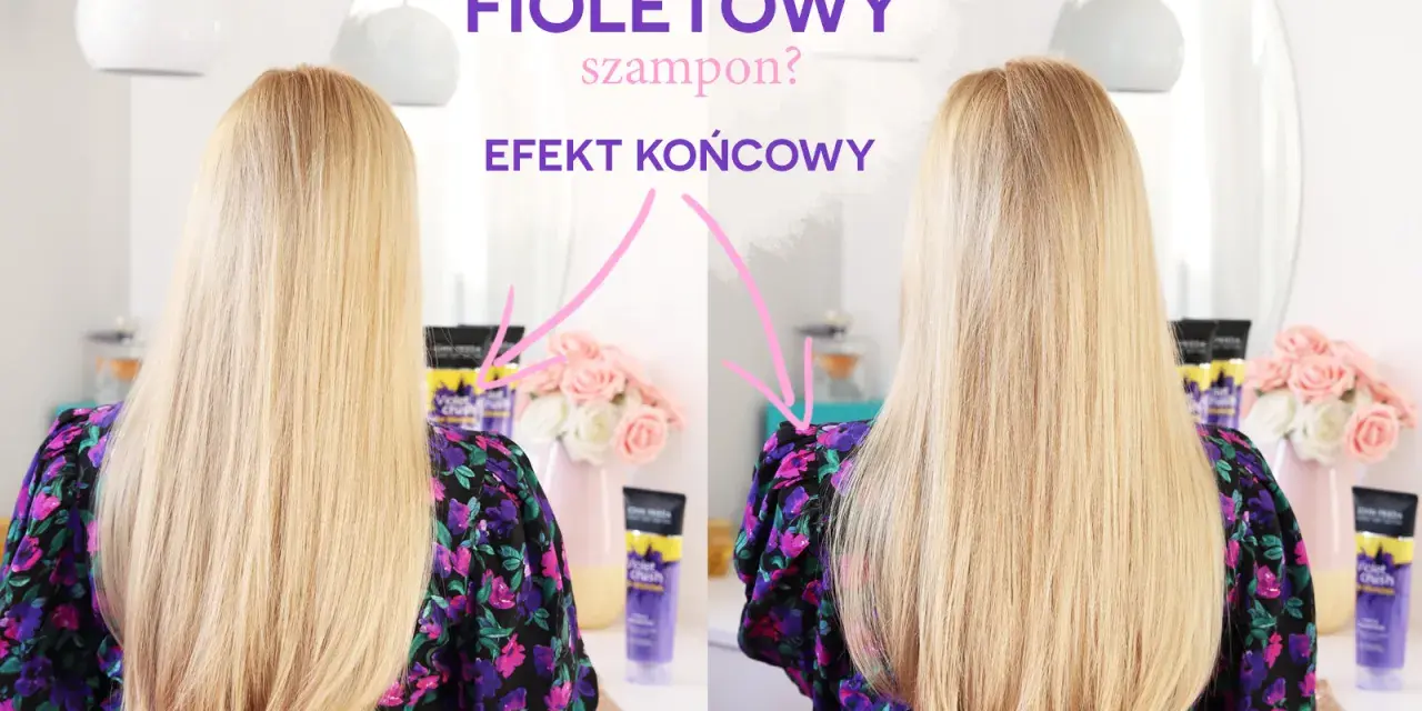 Porównanie włosów przed i po użyciu fioletowego szamponu. Efekt końcowy jest widoczny na jasnych blond włosach.