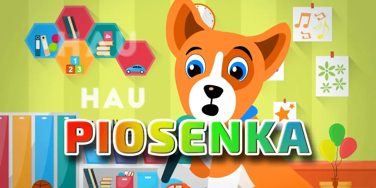 Wesoły piesek zaprasza do świata fajnych piosenek dla dzieci 9-10 lat. Kolorowe literki i zabawki tworzą radosną atmosferę.