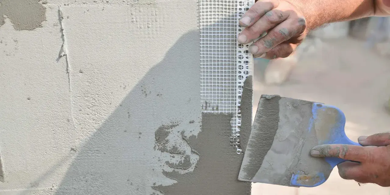 Mani esperte applicano stucco e rete per stuccare angolo muro, garantendo una finitura perfetta.
