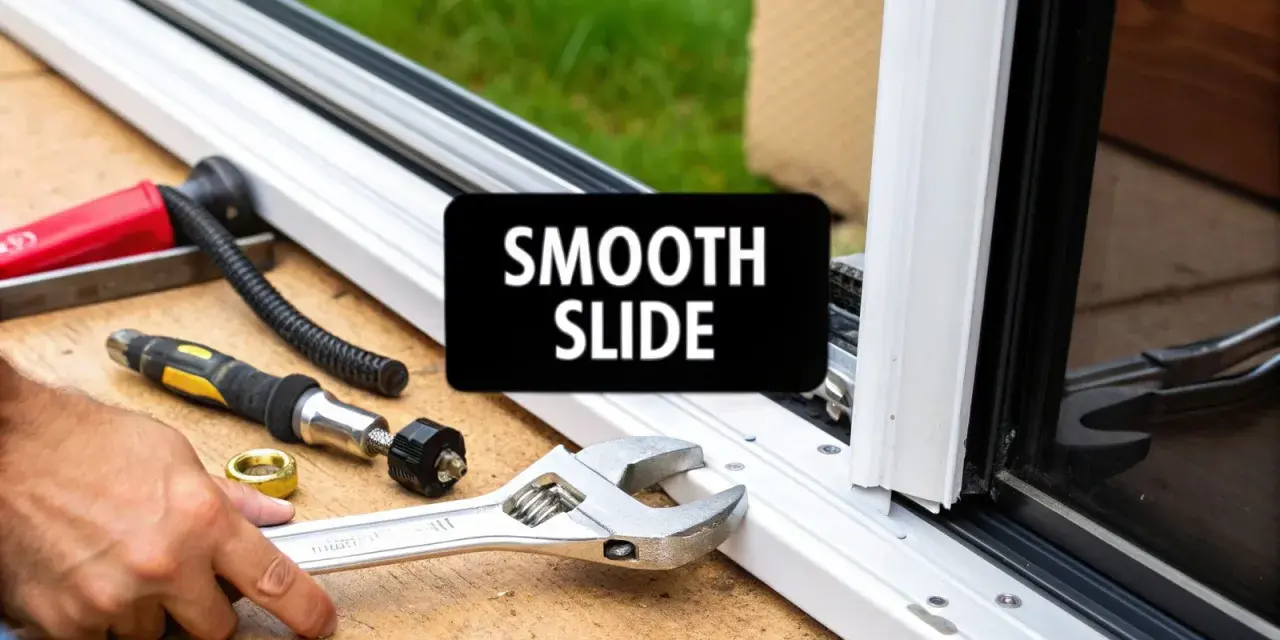 Tools are laid out for a sliding patio door installation, promising a smooth slide.