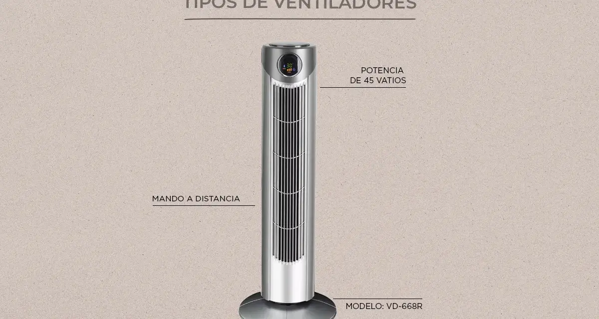 Ventilador de torre plateado, uno de los tipos de ventiladores modernos. Incluye mando a distancia y potencia de 45 vatios.