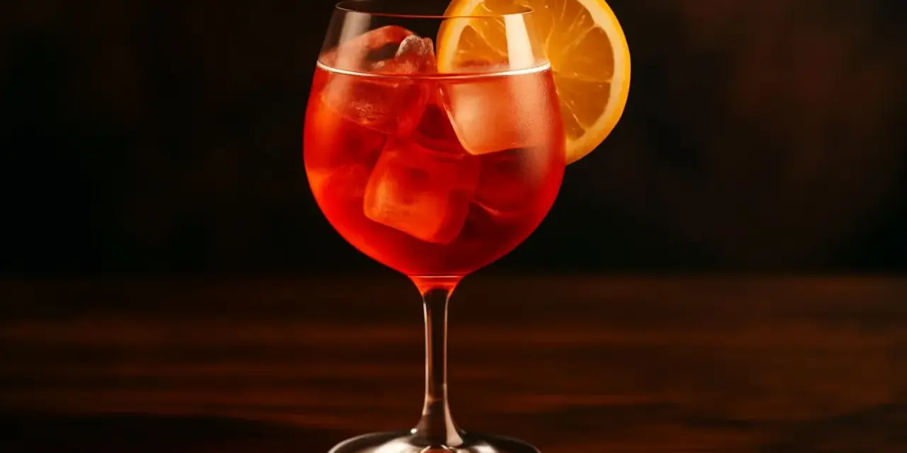 Ett glas Campari Spritz med is och en apelsinskiva, perfekt för en solig dag.