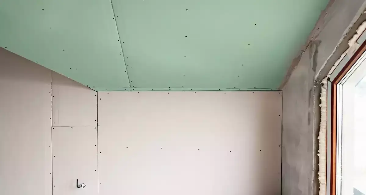 Jonction mur plafond placo, avec un plafond vert et des murs blancs. Travaux de rénovation en cours.