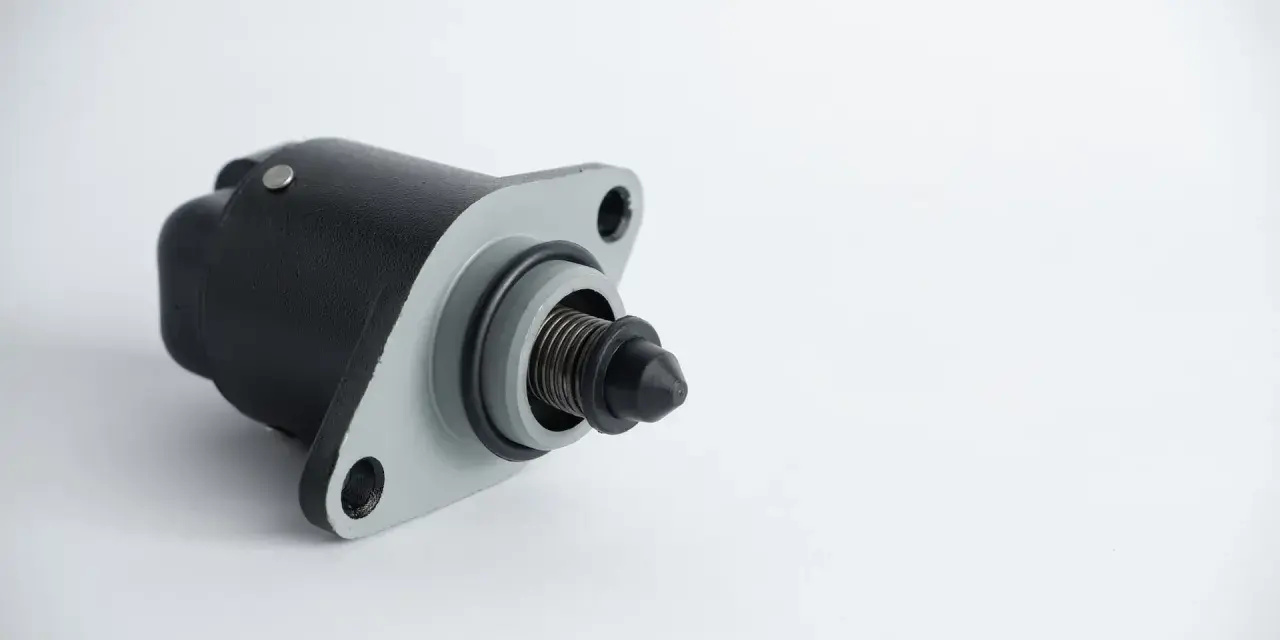 A black and gray idle air control valve, a common cause of rough idling symptoms.