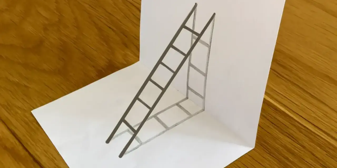 Un dessin trompe l'oeil d'une échelle semble flotter au-dessus d'une feuille de papier, créant une illusion de profondeur saisissante.