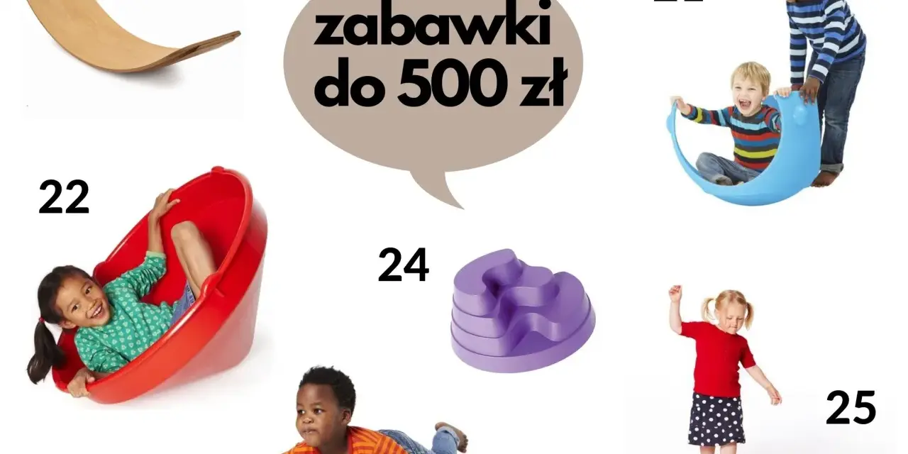 Dzieci bawiące się różnymi zabawkami sensorycznymi: huśtawka, równoważnia, deska.