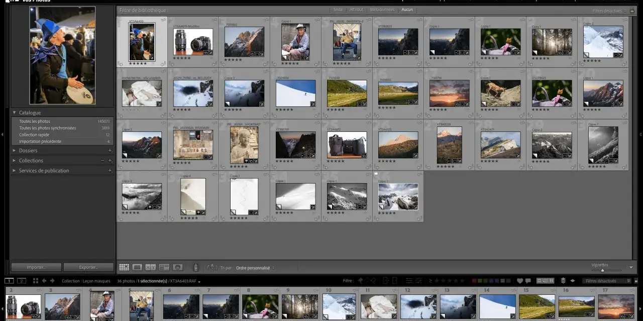 Interface d'un logiciel pour netteté photo, affichant une grille d'images de paysages et de portraits, avec des options de tri et de filtre.