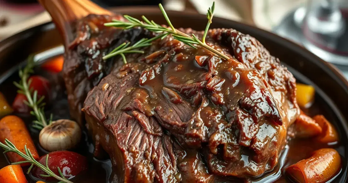 Un généreux jarret de boeuf braisé, nappé d'une sauce riche, servi avec des carottes et des herbes aromatiques.