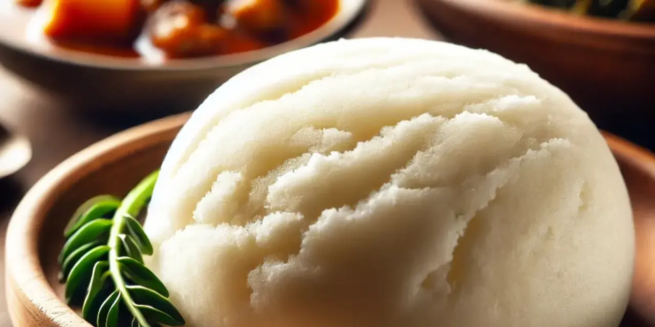 Puszyste ugali w drewnianej misce, ozdobione zielonym listkiem. Obok miski z gulaszem i warzywami. Idealny przepis na ugali.