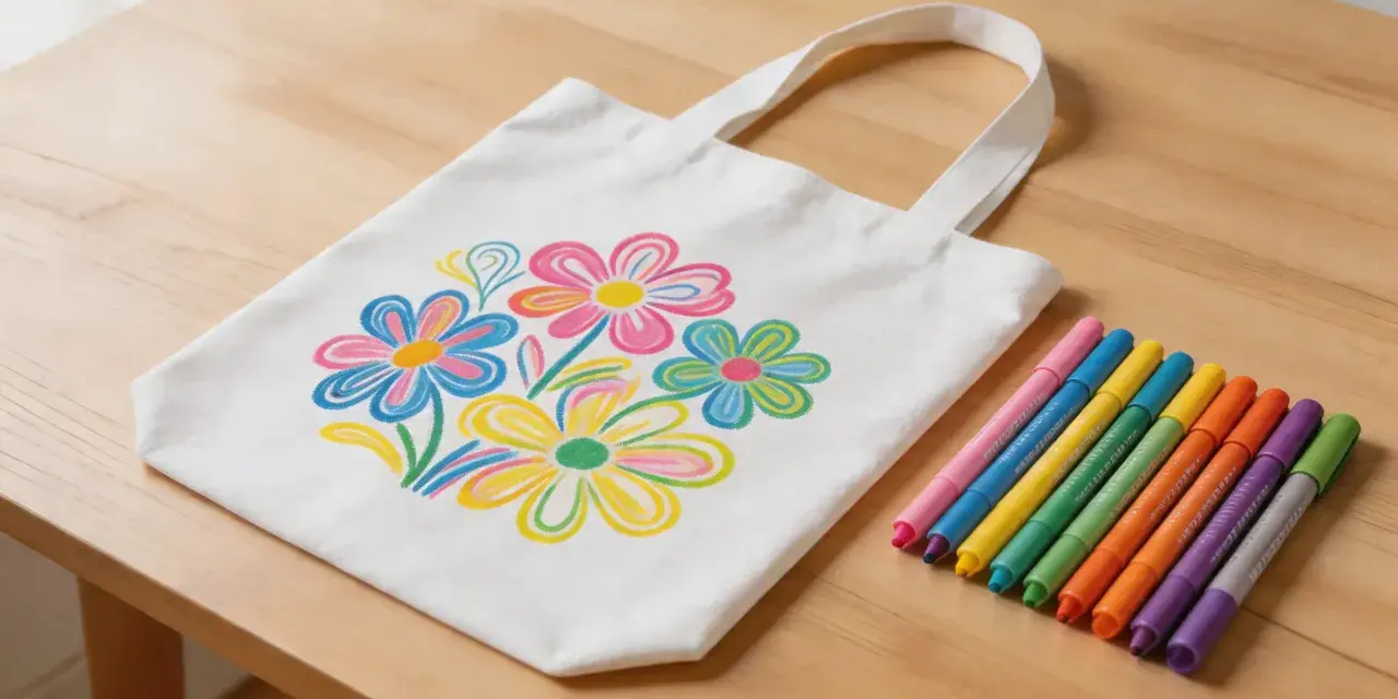 Un sac en tissu blanc décoré de fleurs colorées, réalisé avec de la peinture acrylique. Des feutres de différentes couleurs sont disposés à côté.