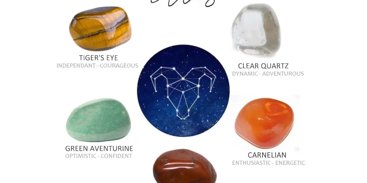 Conjunto de piedras para Aries: Ojo de tigre, cuarzo transparente, aventurina verde, cornalina y jaspe rojo.