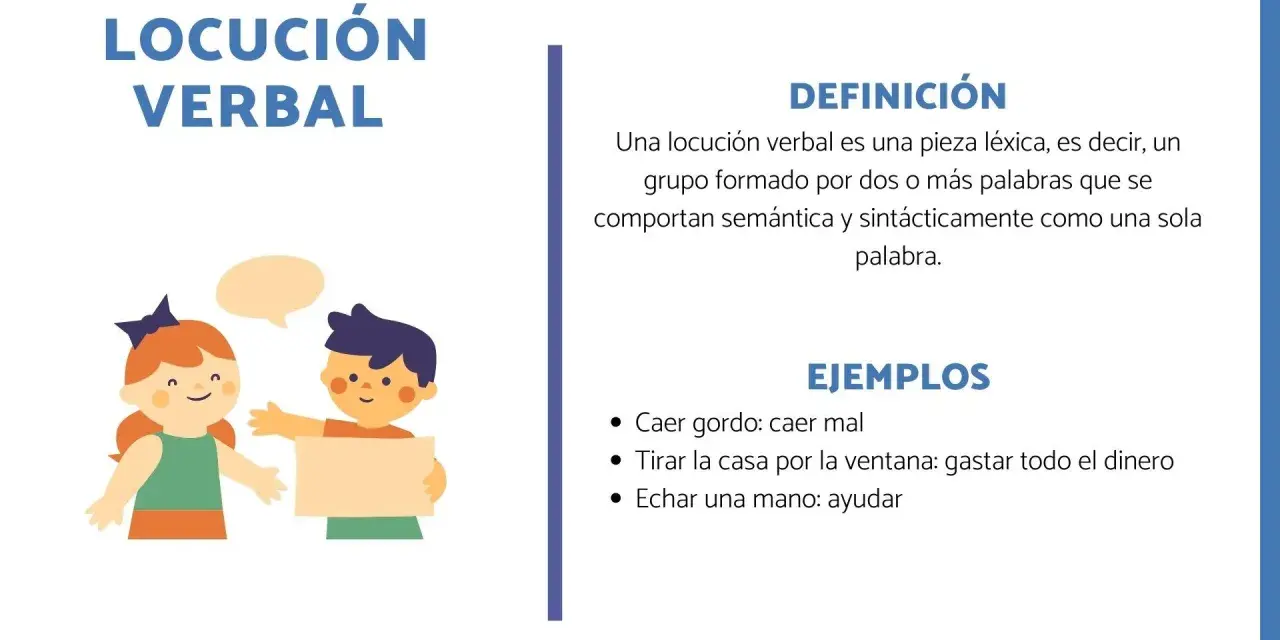 Ilustración de dos niños aprendiendo sobre locuciones verbales, con ejemplos como "echar una mano".