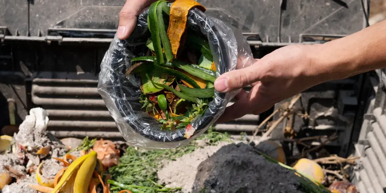 Ręce wsypują do kompostownika resztki roślinne, tworząc cenny nawóz organiczny z odpadów roślinnych.