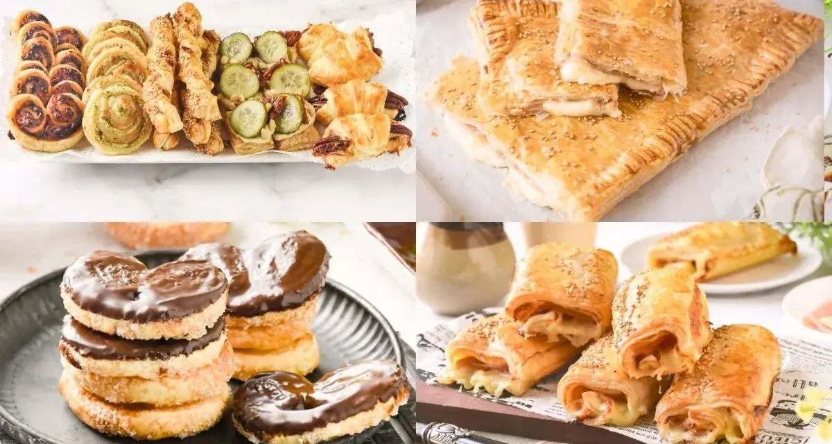 Collage de varios postres y bocadillos salados de hojaldre, incluyendo palmeritas de chocolate y rollitos rellenos.