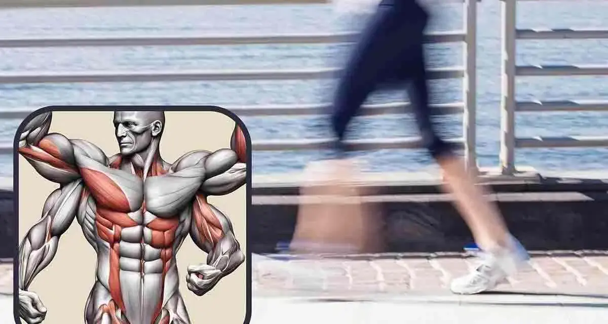 Muscolatura in evidenza, per capire quali muscoli si allenano con la camminata veloce: gambe, glutei, addominali e braccia.