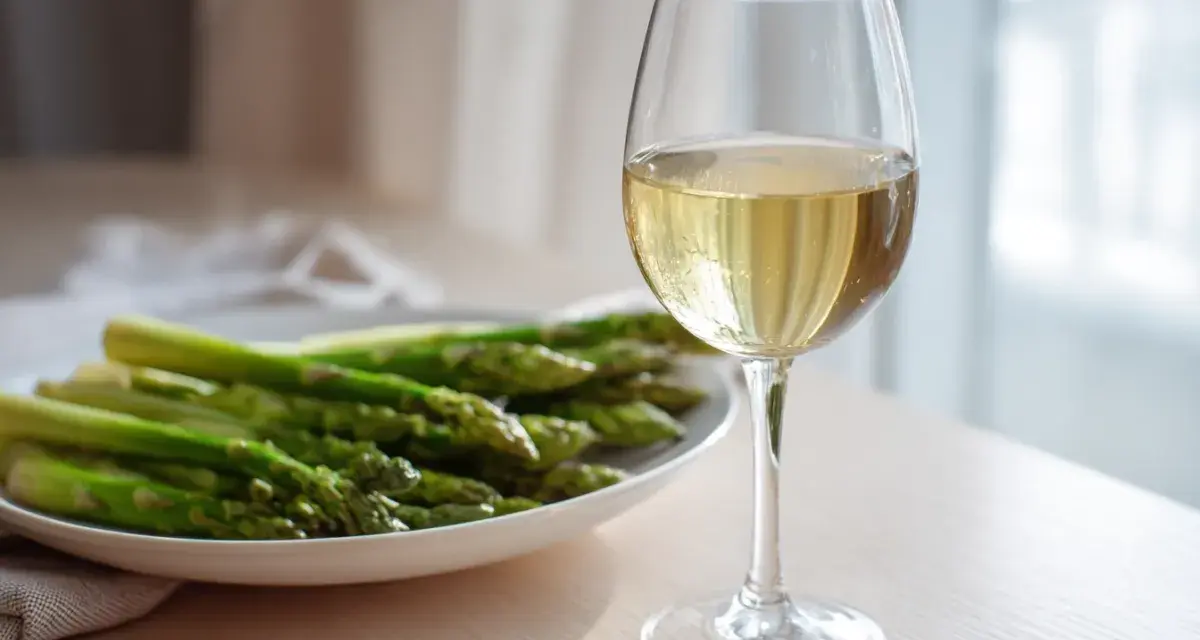 En tallrik med färsk grön sparris och ett glas vitt vin. Perfekt kombination för en lätt och god måltid.