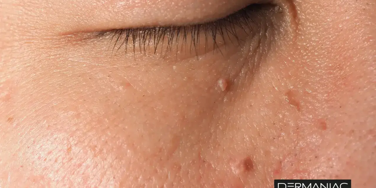 Primer plano de la piel del rostro con varias verrugas, mostrando la textura y el detalle de la piel. La imagen sugiere la necesidad de quitar verrugas cara.