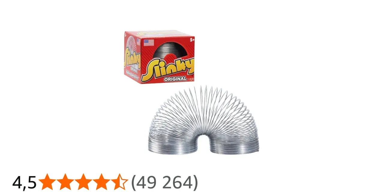 En klassisk slinky leksak i metall, utformad som en fjäder, bredvid sin röda originalförpackning.