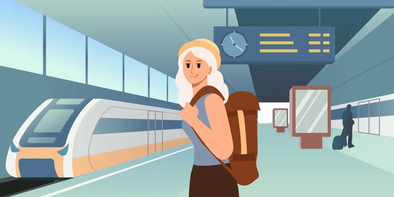 Ragazza con zaino in stazione, pronta a scoprire come arrivare a Venezia in treno.
