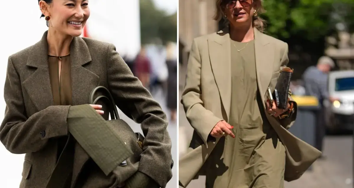 Dwie kobiety w eleganckich stylizacjach w odcieniach khaki. Jedna w brązowej marynarce i sukience, druga w beżowej marynarce i zielonej sukience.