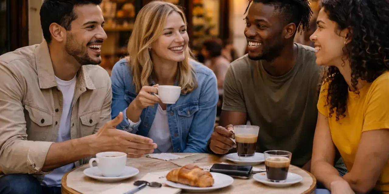 Amigos riendo y tomando café en una terraza. Uno dice "hola en francés" mientras comparten un croissant.