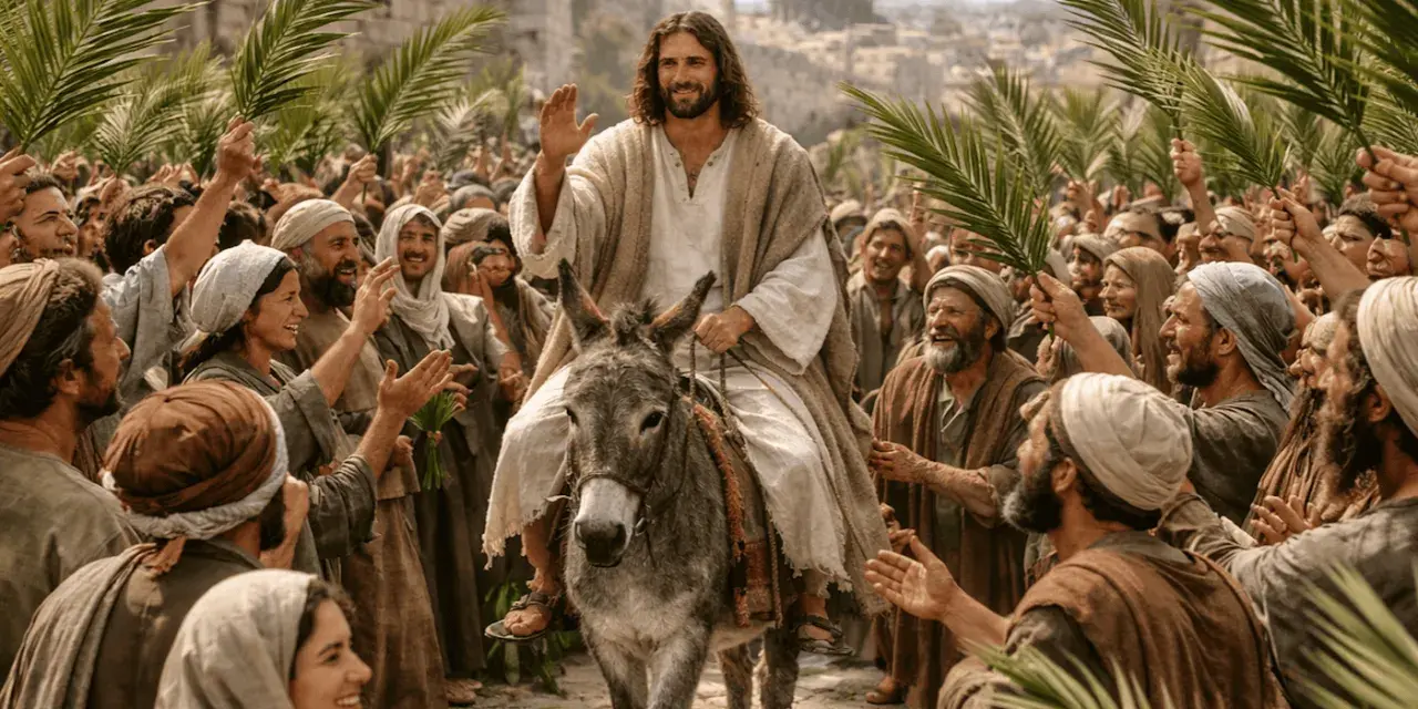 Jesus reitet auf einem Esel in Jerusalem ein, umgeben von jubelnden Menschen mit Palmzweigen. Ein Moment des christlichen Ostern.