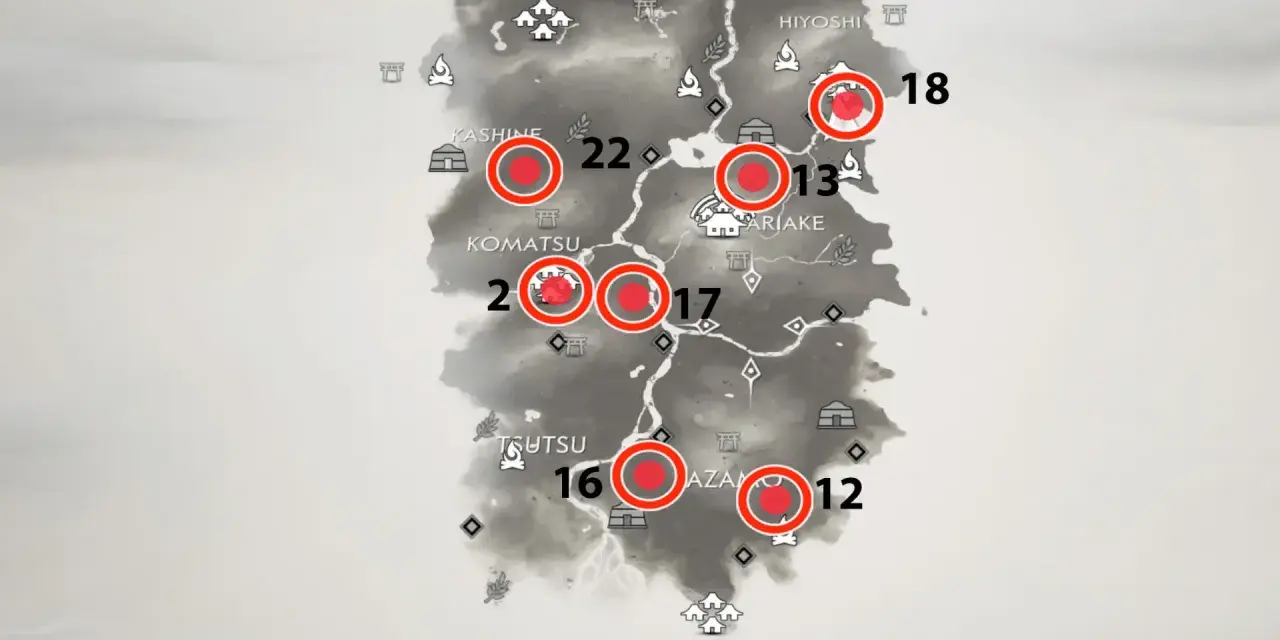Mapa de Tsushima con marcadores rojos indicando ubicaciones de documentos. ¡Encuentra todos los documentos de Ghost of Tsushima!