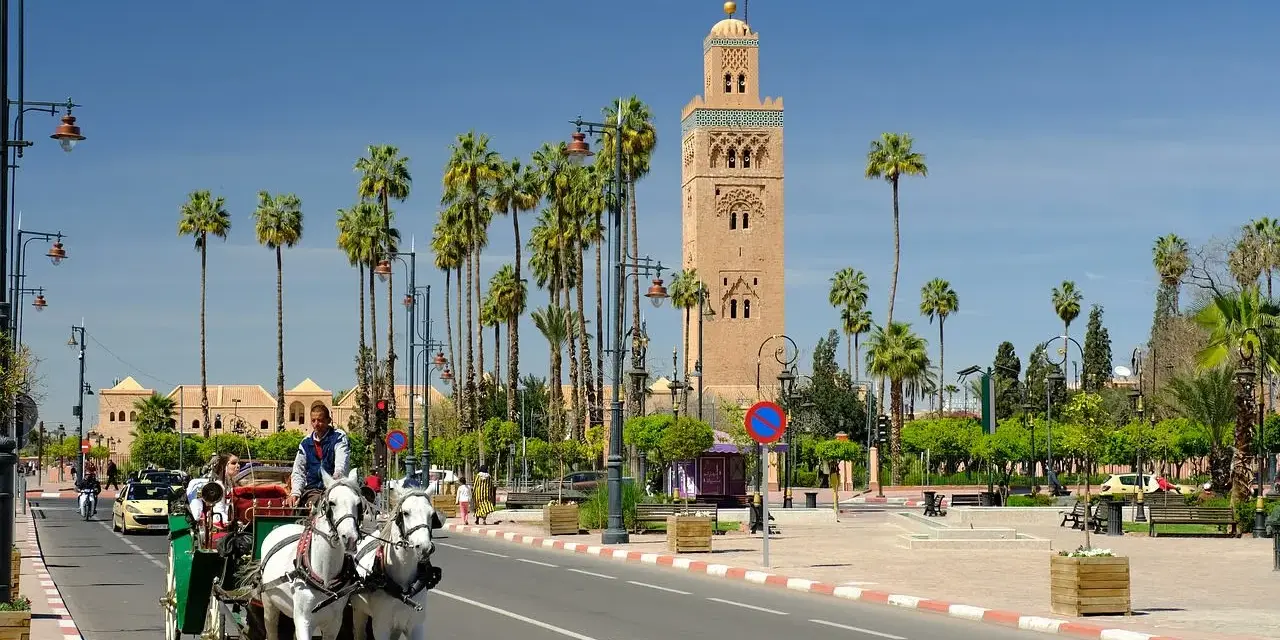 W Marrakeszu turyści mogą bezpiecznie podziwiać zabytki, takie jak minaret Koutoubia, podczas przejażdżki dorożką pośród palm.
