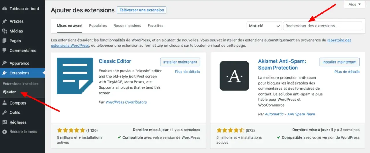 Interface d'ajout d'extensions WordPress. Recherche d'un plugin portfolio WordPress pour améliorer votre site.