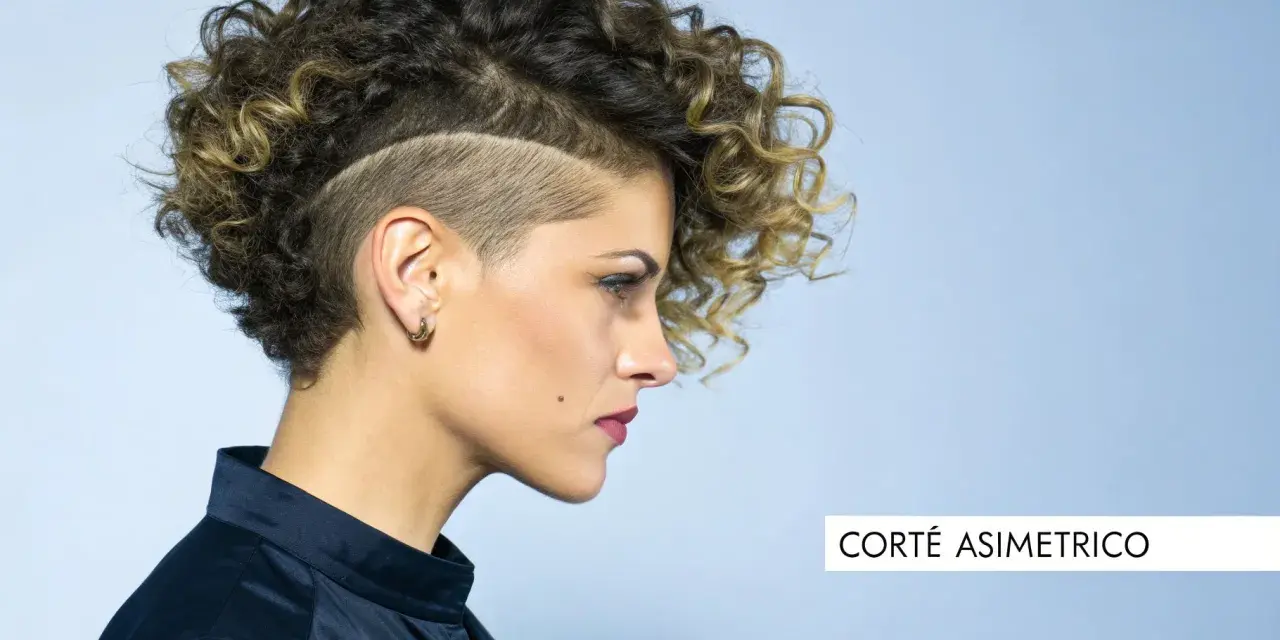 Mujer con pelo corto rizado y rapado asimétrico, luciendo un estilo audaz y moderno.