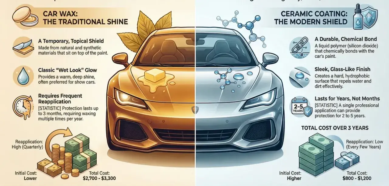 Car wax provides a temporary shine, requiring frequent reapplication. This graphic compares it to ceramic coating.