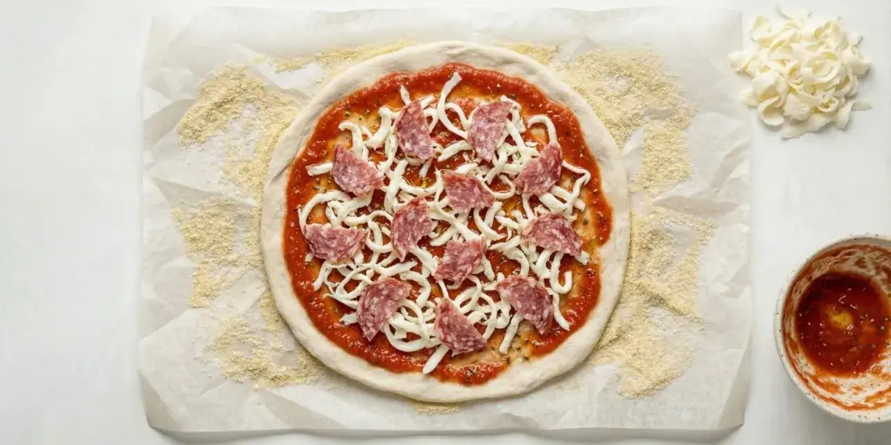 Gotowe ciasto na pizzę bez wyrastania, posmarowane sosem, posypane serem i salami. Obok miseczka sosu i dodatkowy ser.
