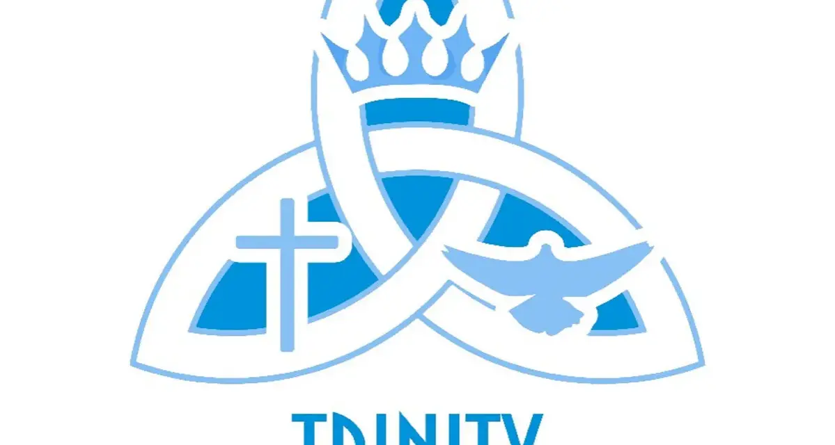 A blue and white emblem symbolizing the solemnity of the Most Holy Trinity, featuring a triquetra, a cross, a dove, and a crown.