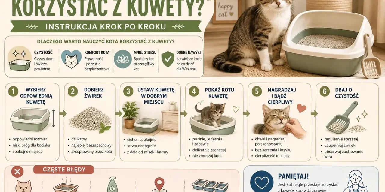 Jak nauczyć dorosłego kota korzystać z kuwety? Instrukcja krok po kroku: wybierz kuwetę, dobierz żwirek, ustaw w dobrym miejscu, pokaż kotu, nagradzaj i bądź cierpliwy, dbaj o czystość.