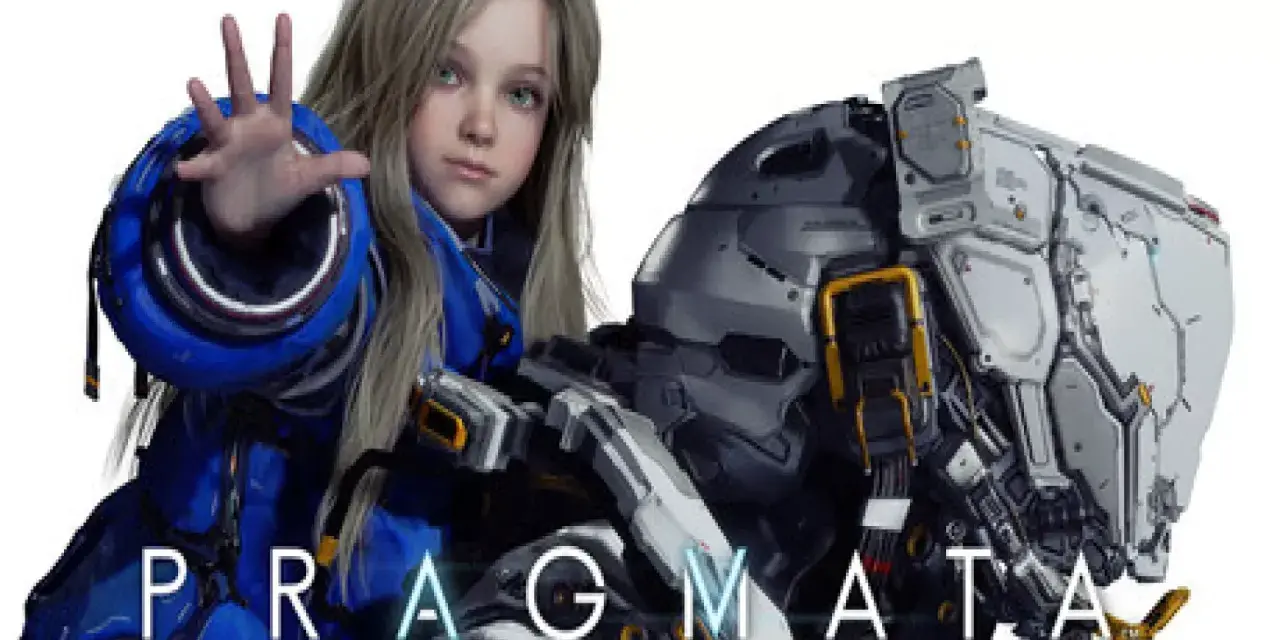 Niña con traje azul y un robot futurista. El título "PRAGMATA" aparece en la imagen.