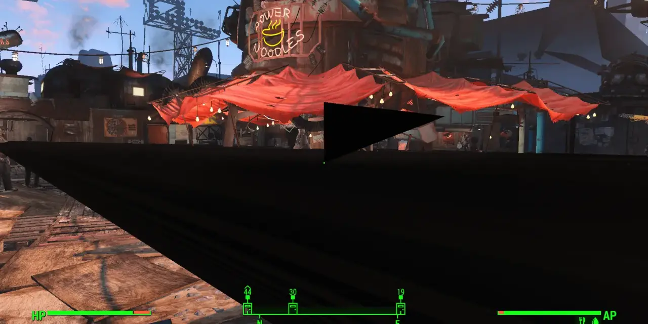 Postapokaliptyczna sceneria z neonem "Power Noodles" i czerwonymi markizami, jak w grze fallout 4 next gen.