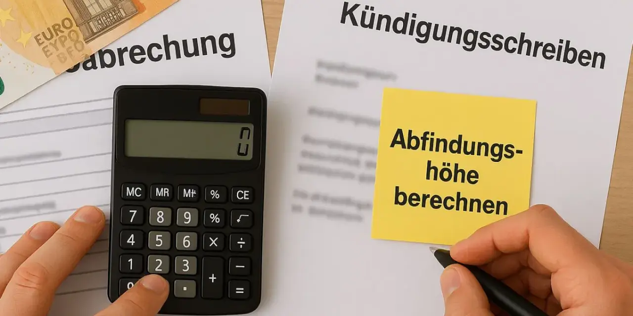 Kündigungsschreiben mit Notiz "Abfindungshöhe berechnen", Taschenrechner und Euro-Scheinen. Berechnung der Abfindung für einen Kleinbetrieb.