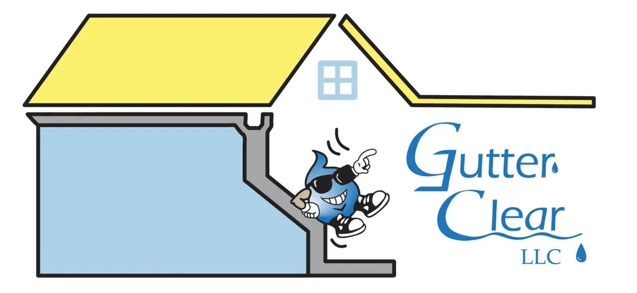 A cartoon water drop character with sunglasses and sneakers jumps out of a gutter, illustrating how to clean gutters. The logo "Gutter Clear LLC" is beside it.