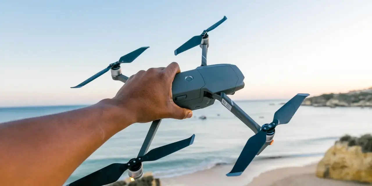 A hand holds a drone over a European beach, ready for flight.